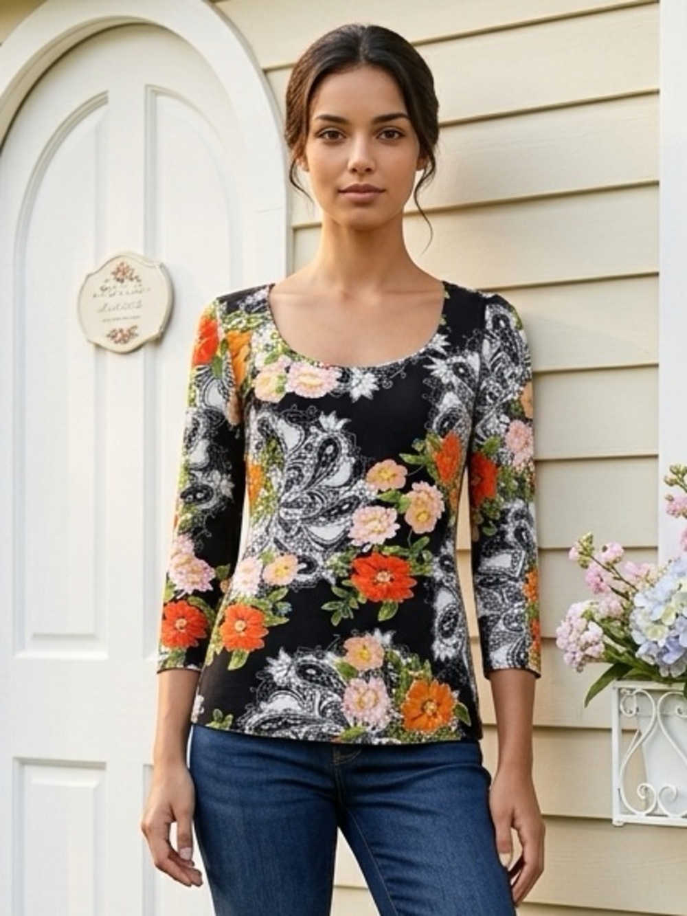 BOSTON PROPER SCOOP NECK PAISLEY FLORAL PRINT TOP